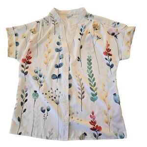 Zolucky Womens Button Front White Mixed Floral Print Short Sleeve Blouse Medium